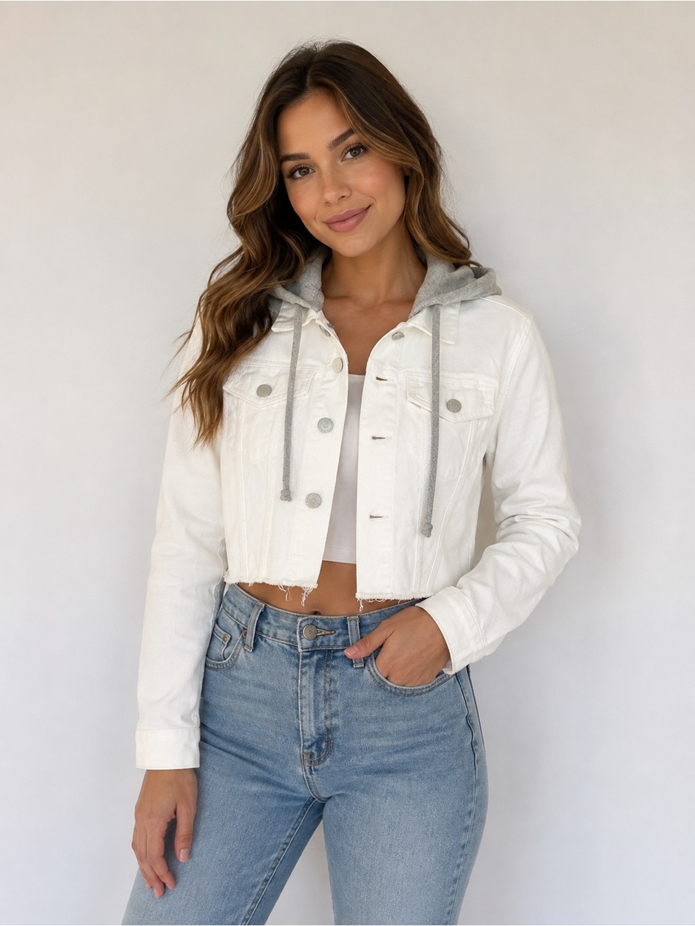 Risen White Hooded Denim Jacket with Gray Hood Trim
